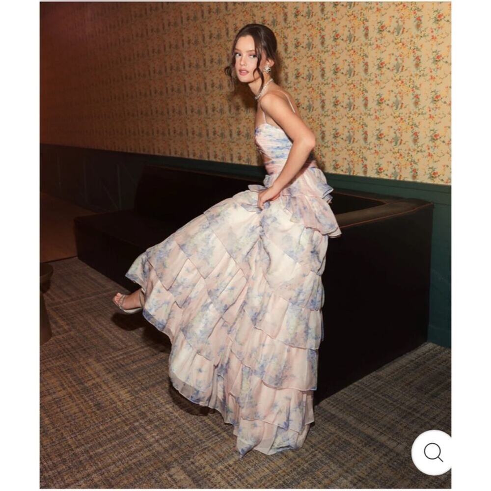 Mac Duggal Floral Cut Out Ruffle Layered Gown